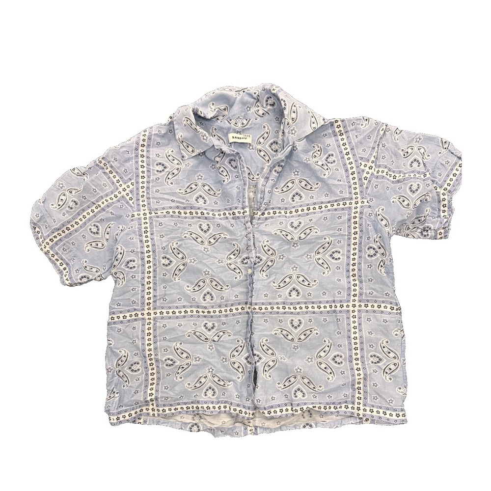 SANDRO Livia Bandana-print Linen Blend Button Down Blouse Camp Shirt 2- $295 top - Picture 2 of 7